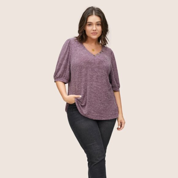 BloomChic Plus Size 2XL Heather Button Detail Puff Sleeve T-shirt us18-20 - Picture 2 of 5